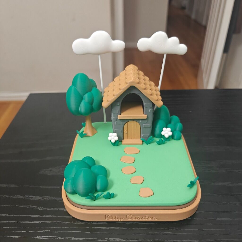 3D printed Kitty Garden diorama with cats, house, trees and clouds - Image 2