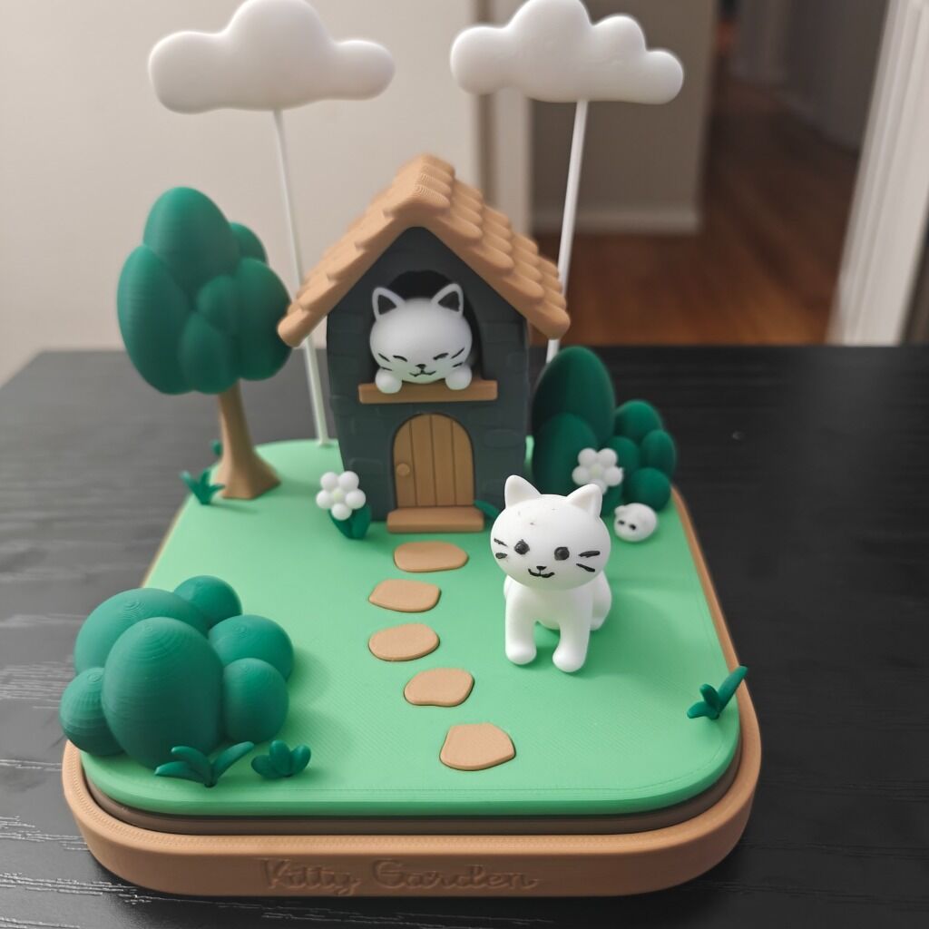 3D printed Kitty Garden diorama with cats, house, trees and clouds - Image 1
