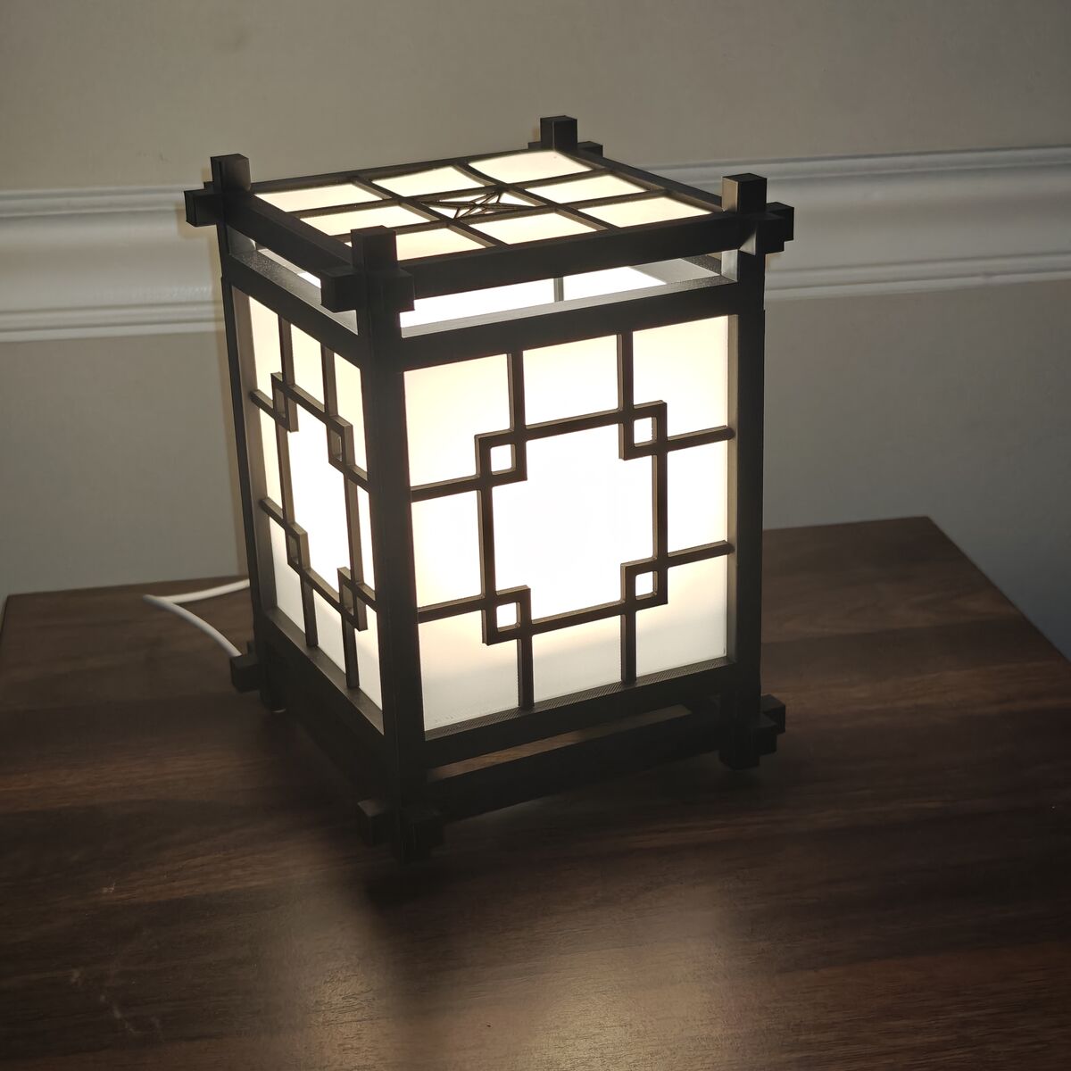 Shoji-style 3D printed lamp with warm ambient glow